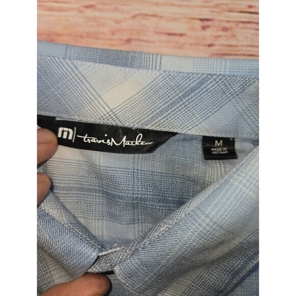 Travis Mathew Mens Blue Plaid Shirt Medium Lightweight Short Sleeve - Picture 6 of 7